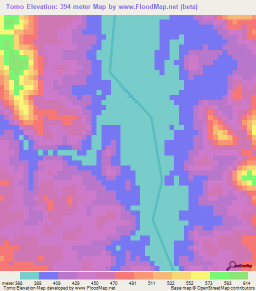 Tomo,Zambia Elevation Map