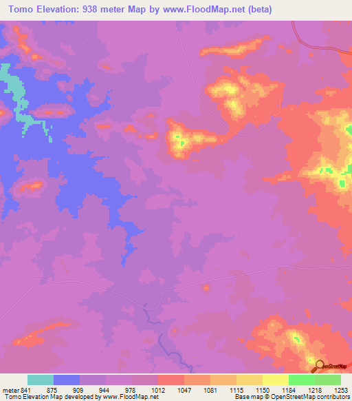 Tomo,Zambia Elevation Map