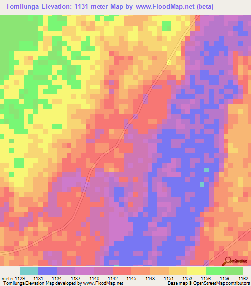 Tomilunga,Zambia Elevation Map