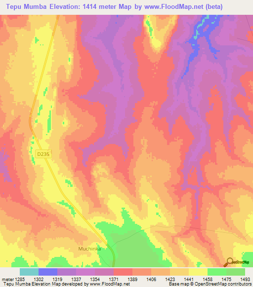 Tepu Mumba,Zambia Elevation Map