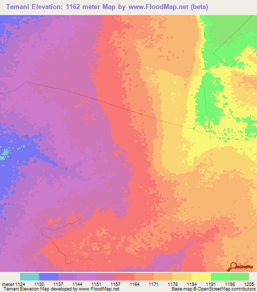 Temani,Zambia Elevation Map