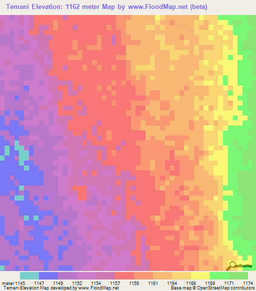 Temani,Zambia Elevation Map