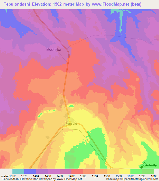 Tebulondashi,Zambia Elevation Map