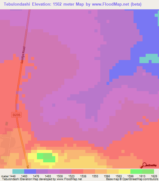 Tebulondashi,Zambia Elevation Map