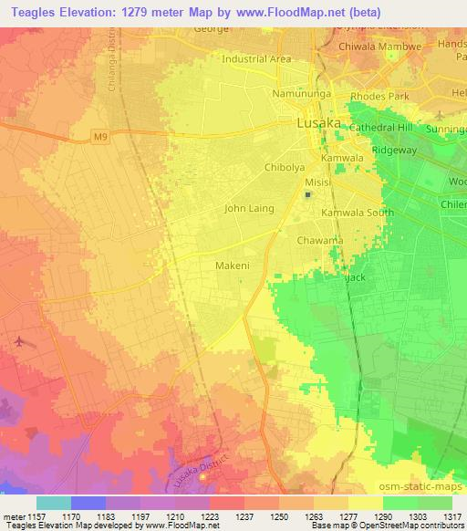 Teagles,Zambia Elevation Map