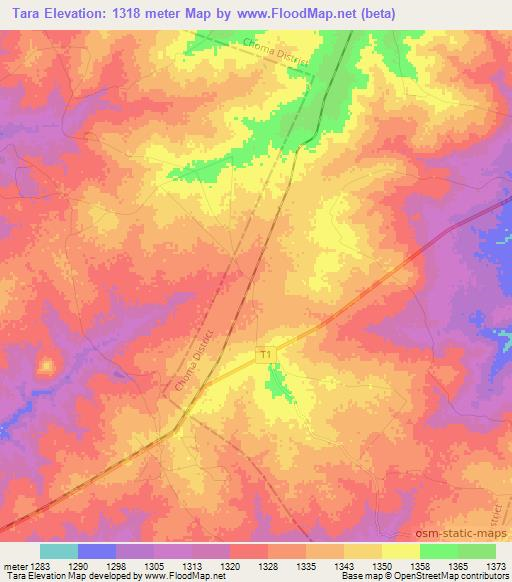 Tara,Zambia Elevation Map