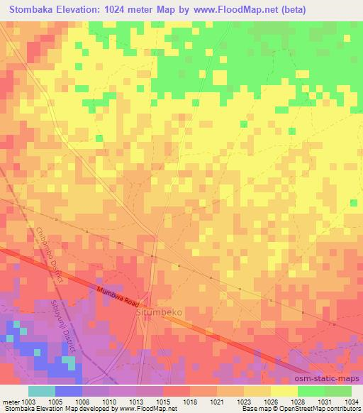 Stombaka,Zambia Elevation Map