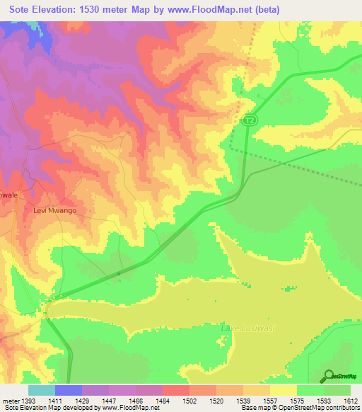 Sote,Zambia Elevation Map