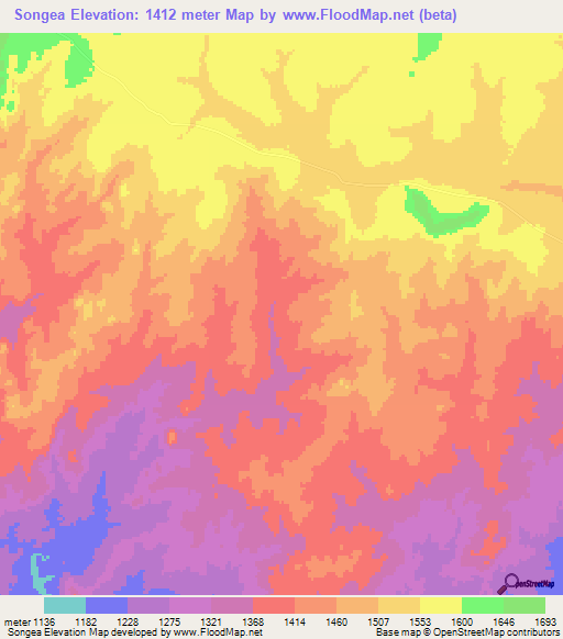 Songea,Zambia Elevation Map