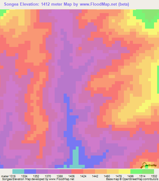 Songea,Zambia Elevation Map