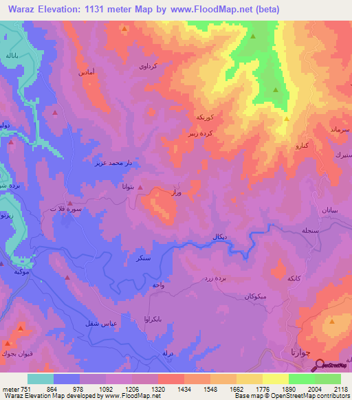 Waraz,Iraq Elevation Map