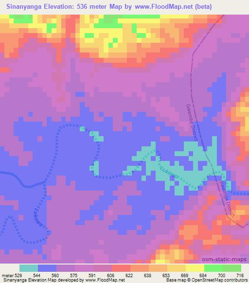 Sinanyanga,Zambia Elevation Map