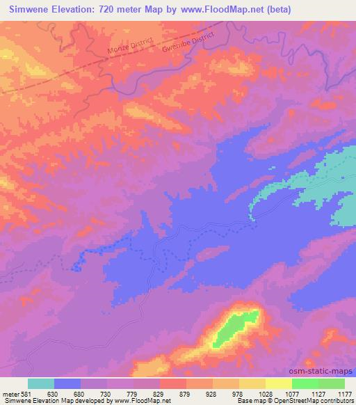 Simwene,Zambia Elevation Map