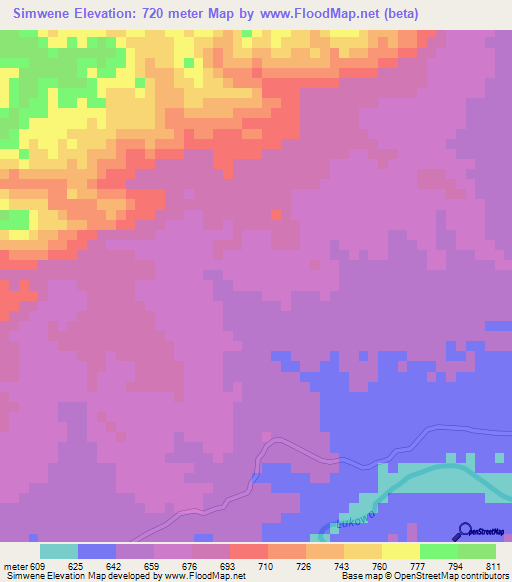 Simwene,Zambia Elevation Map