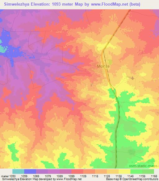 Simwelezhya,Zambia Elevation Map