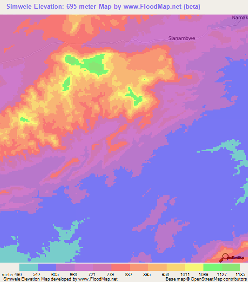 Simwele,Zambia Elevation Map