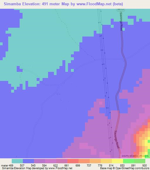 Simamba,Zambia Elevation Map