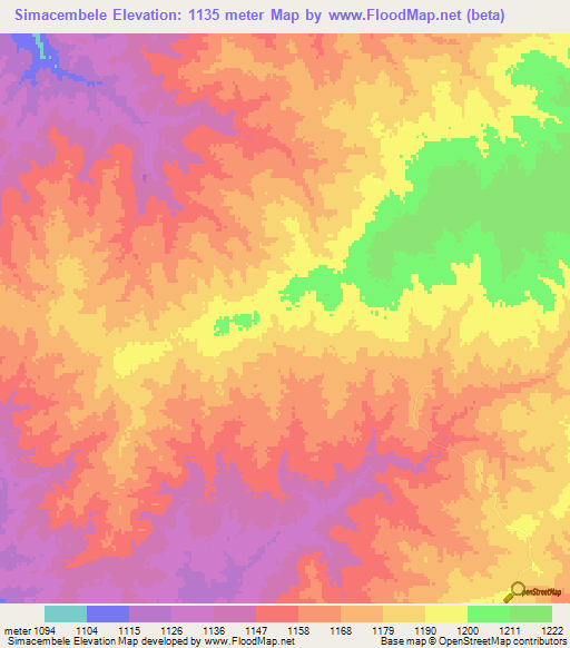 Simacembele,Zambia Elevation Map