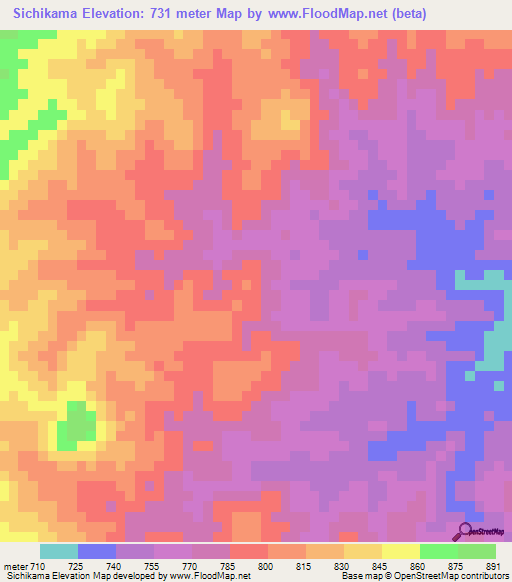 Sichikama,Zambia Elevation Map