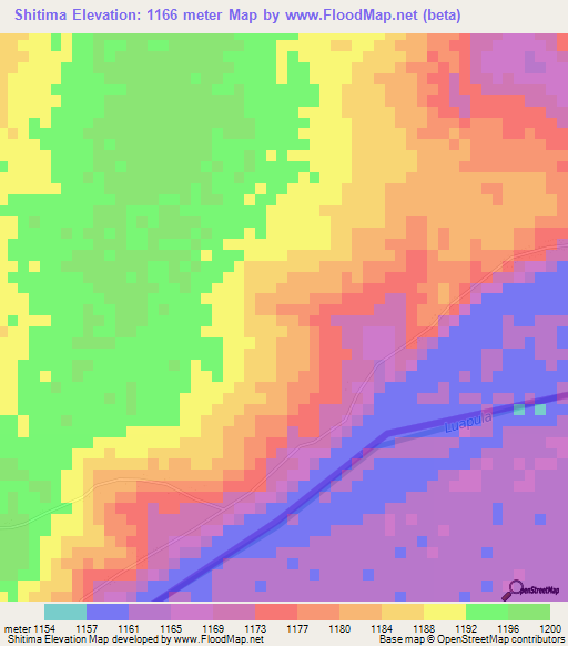 Shitima,Zambia Elevation Map