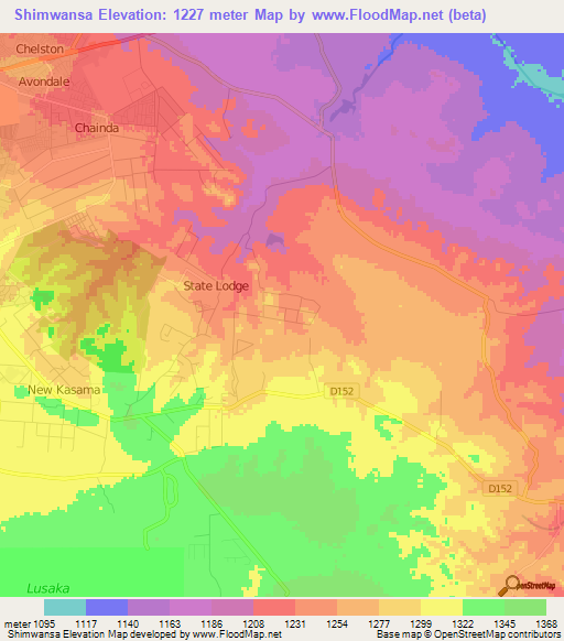 Shimwansa,Zambia Elevation Map