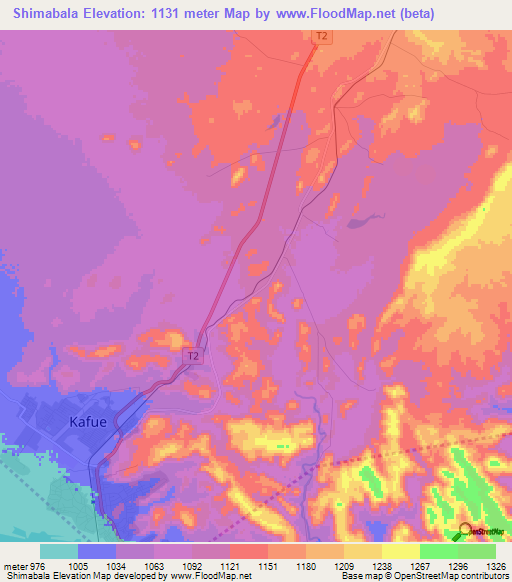 Shimabala,Zambia Elevation Map