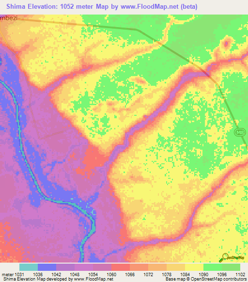 Shima,Zambia Elevation Map