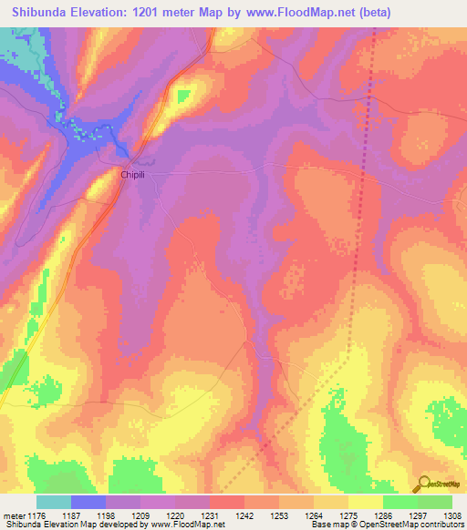 Shibunda,Zambia Elevation Map