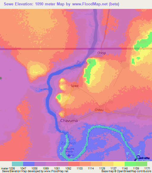 Sewe,Zambia Elevation Map