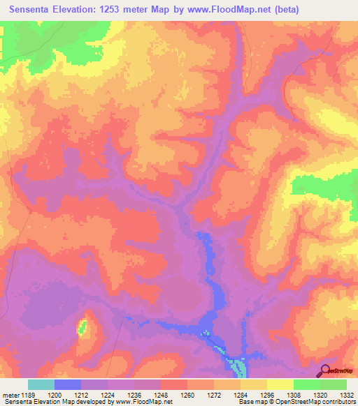 Sensenta,Zambia Elevation Map