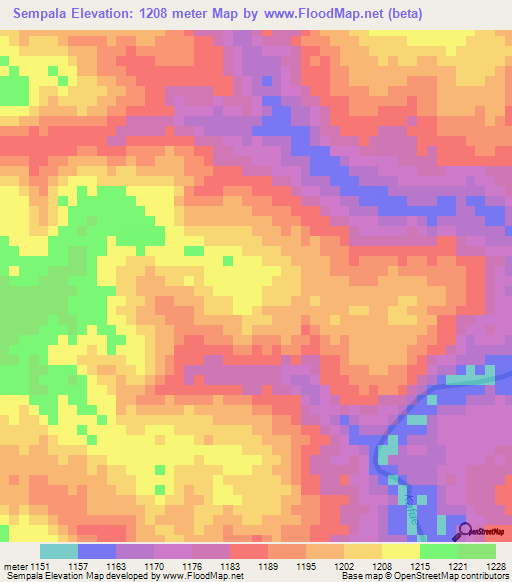 Sempala,Zambia Elevation Map