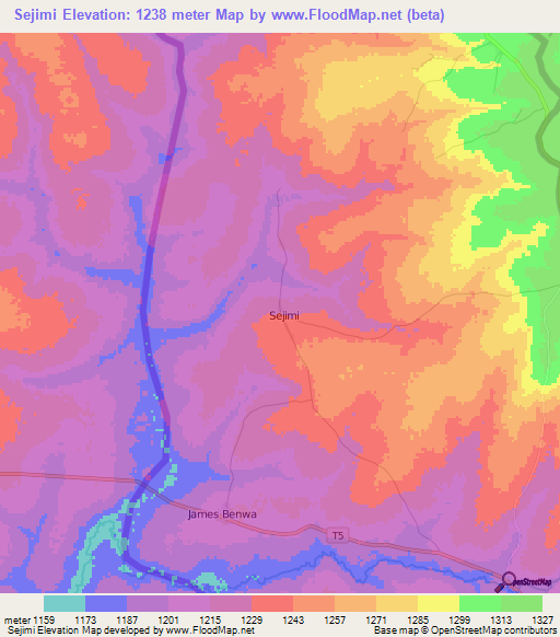 Sejimi,Zambia Elevation Map