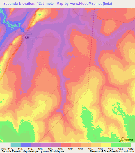 Sebunda,Zambia Elevation Map