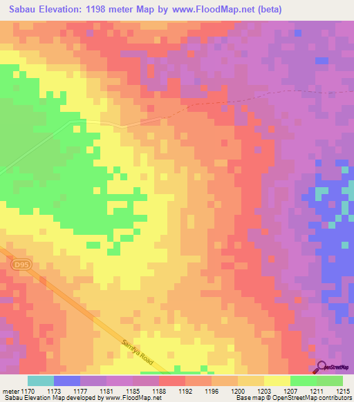 Sabau,Zambia Elevation Map