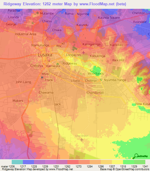 Ridgeway,Zambia Elevation Map