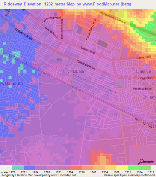 Ridgeway,Zambia Elevation Map