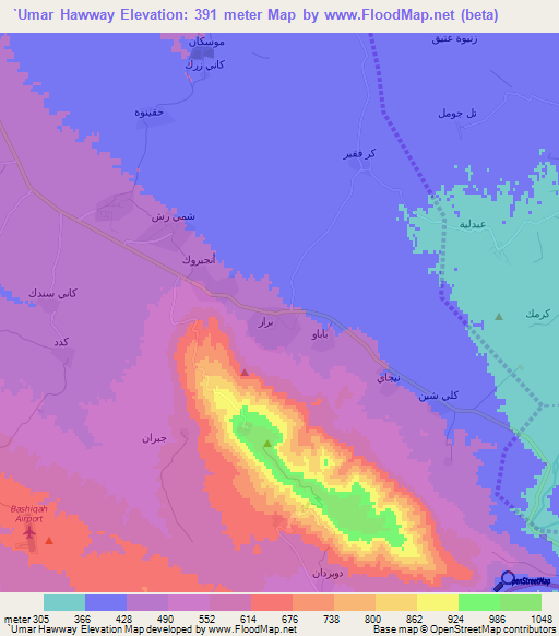 `Umar Hawway,Iraq Elevation Map