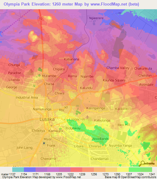 Olympia Park,Zambia Elevation Map