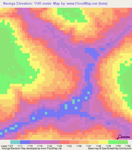 Nsonga,Zambia Elevation Map