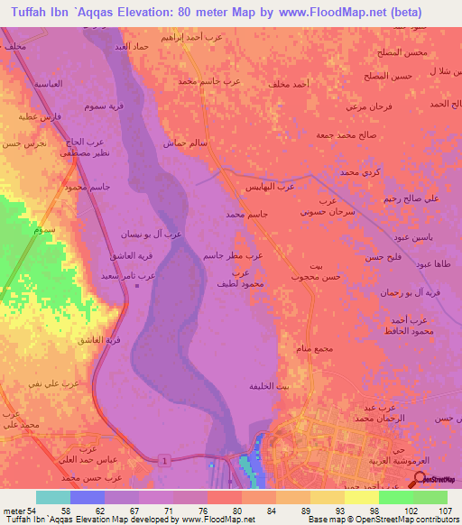 Tuffah Ibn `Aqqas,Iraq Elevation Map