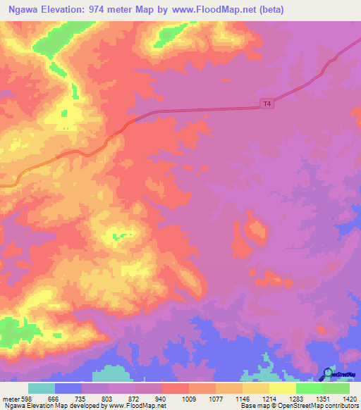 Ngawa,Zambia Elevation Map