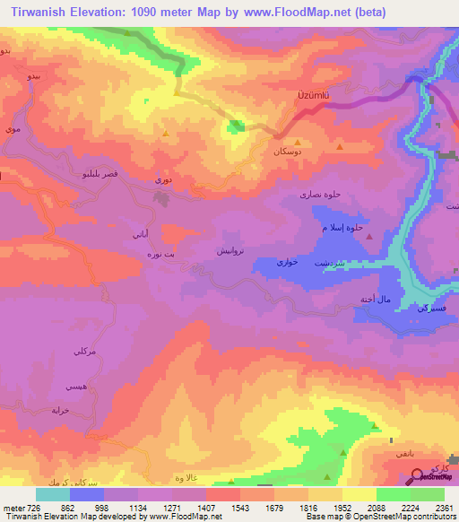 Tirwanish,Iraq Elevation Map