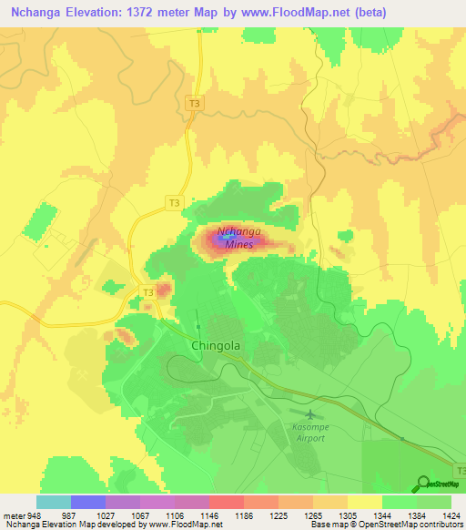 Nchanga,Zambia Elevation Map