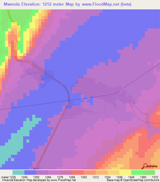 Mwenda,Zambia Elevation Map