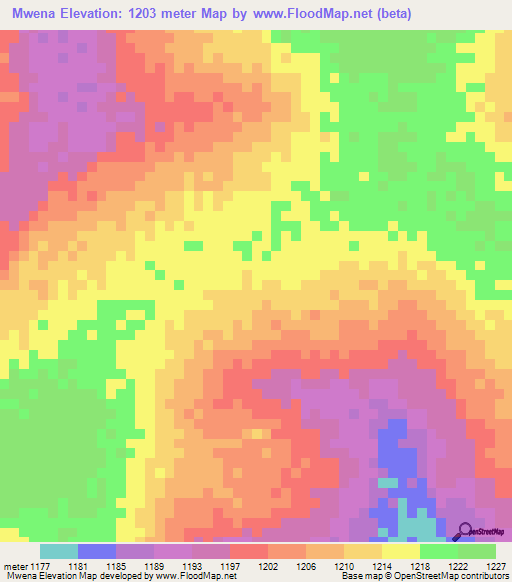 Mwena,Zambia Elevation Map