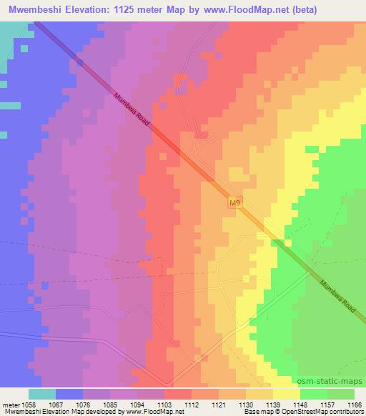 Mwembeshi,Zambia Elevation Map