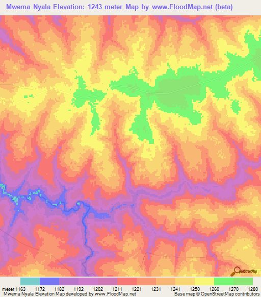 Mwema Nyala,Zambia Elevation Map