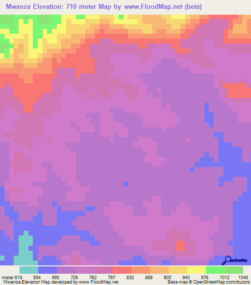 Mwanza,Zambia Elevation Map