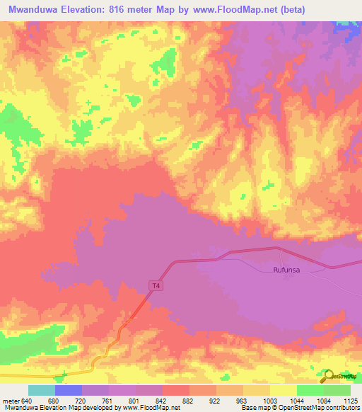 Mwanduwa,Zambia Elevation Map