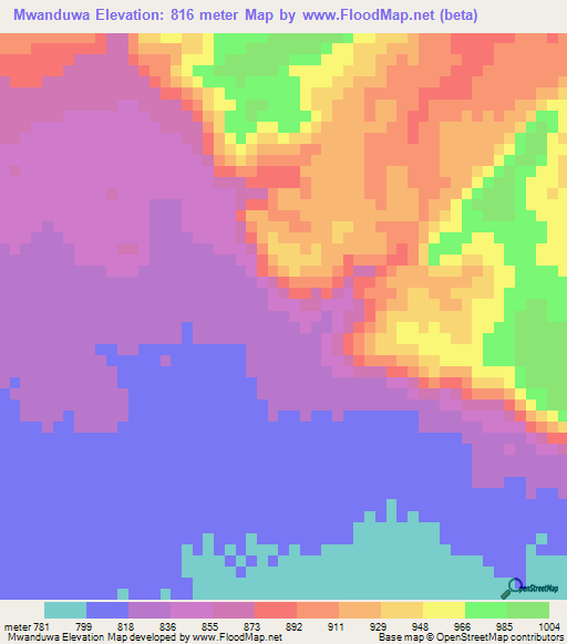 Mwanduwa,Zambia Elevation Map